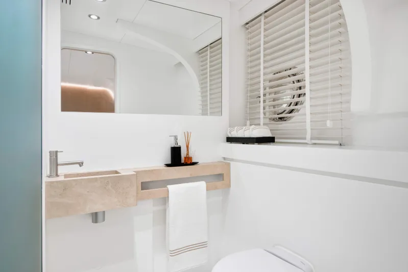 Atlantika Yacht Photos Pics Modern bathroom on 2013 custom sailing yacht with sleek design and minimalist decor.