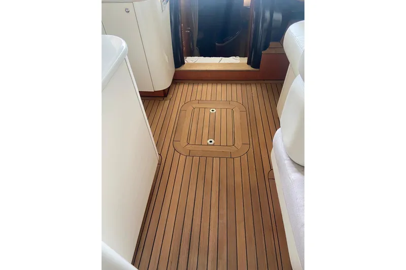  Yacht Photos Pics Sunseeker Predator 80 yacht interior with sleek wooden flooring, 2000 model.