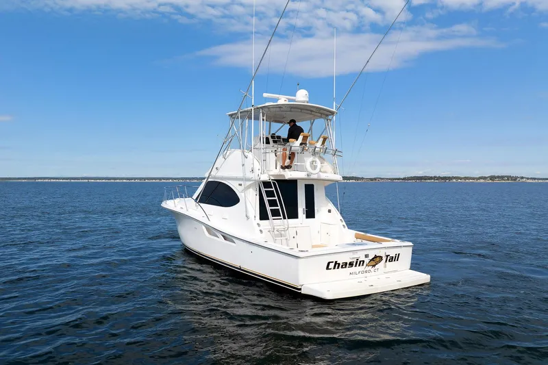 Chasing Tail Yacht Photos Pics 2007 Tiara Yachts 3900 Convertible on open water, clear sky background.