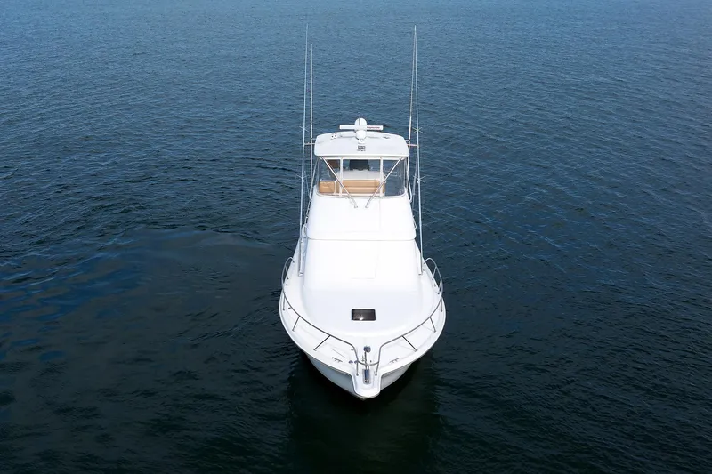 Chasing Tail Yacht Photos Pics 2007 Tiara Yachts 3900 Convertible on open water, front view.