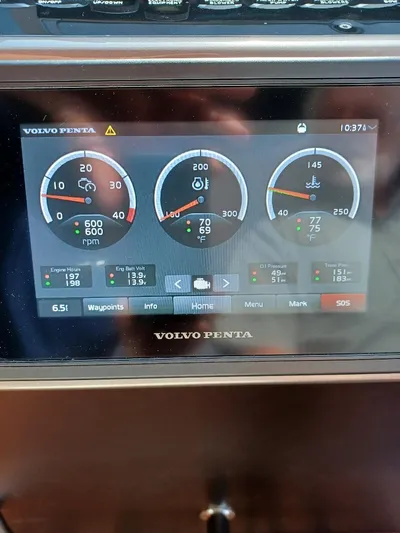 Must Sell, Make An Offer Yacht Photos Pics Volvo Penta control panel on 2022 Galeon 410 HTC yacht, displaying engine metrics.
