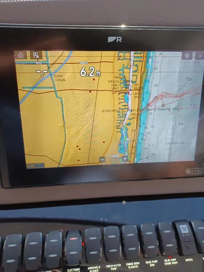 Must Sell, Make An Offer Yacht Photos Pics Navigation display on 2022 Galeon 410 HTC showing coastal map and depth reading.