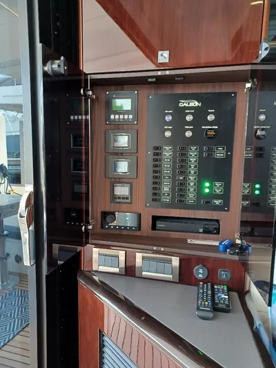 Must Sell, Make An Offer Yacht Photos Pics Control panel of 2022 Galeon 410 HTC yacht with wood finish and electronic displays.