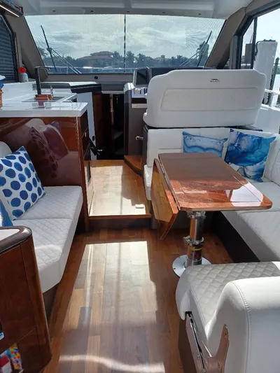 Must Sell, Make An Offer Yacht Photos Pics Interior of 2022 Galeon 410 HTC yacht with elegant seating and wooden table.