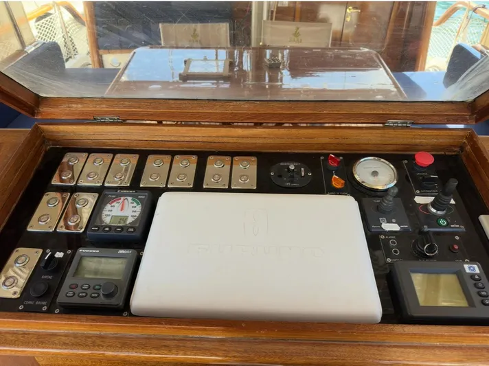 Hama Yacht Photos Pics Control panel of 1994 Custom ABATS Gulet Ketch with navigation instruments and switches.