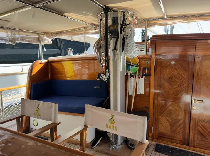 Hama Yacht Photos Pics Interior of 1994 Custom ABATS GULET KETCH yacht with wooden finish and seating area.