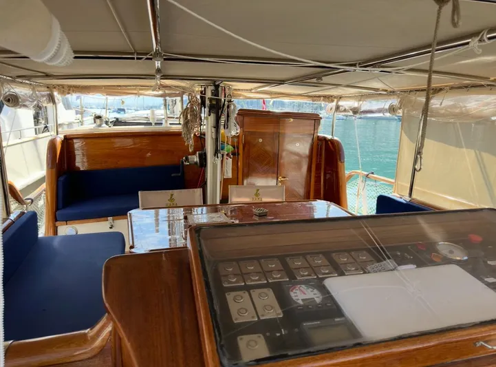 Hama Yacht Photos Pics Interior view of 1994 Custom ABATS GULET KETCH yacht with wooden furnishings and blue seating.