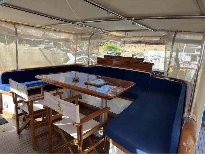 Hama Yacht Photos Pics Luxurious seating area on 1994 Custom ABATS GULET KETCH yacht with blue cushions and wooden table.