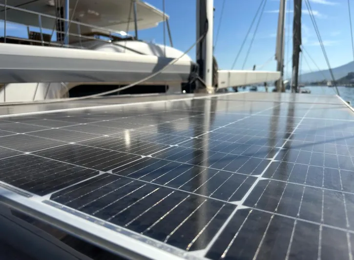 Hama Yacht Photos Pics Solar panels on a 1994 Custom ABATS Gulet Ketch yacht under clear skies.
