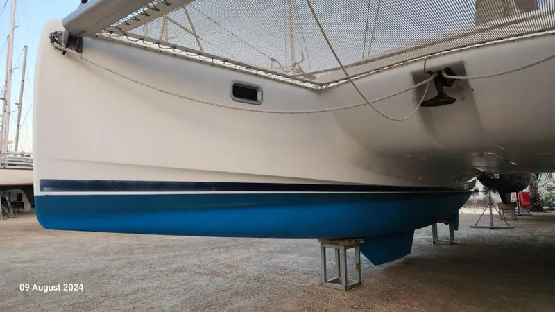  Yacht Photos Pics Leopard 40 catamaran, 2007 model, dry docked, blue hull, August 2024.