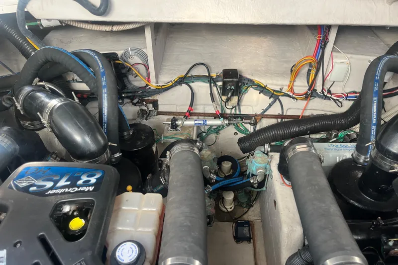  Yacht Photos Pics Engine compartment of a 2007 Sea Ray 38 Sundancer with MerCruiser 8.1S engine components.