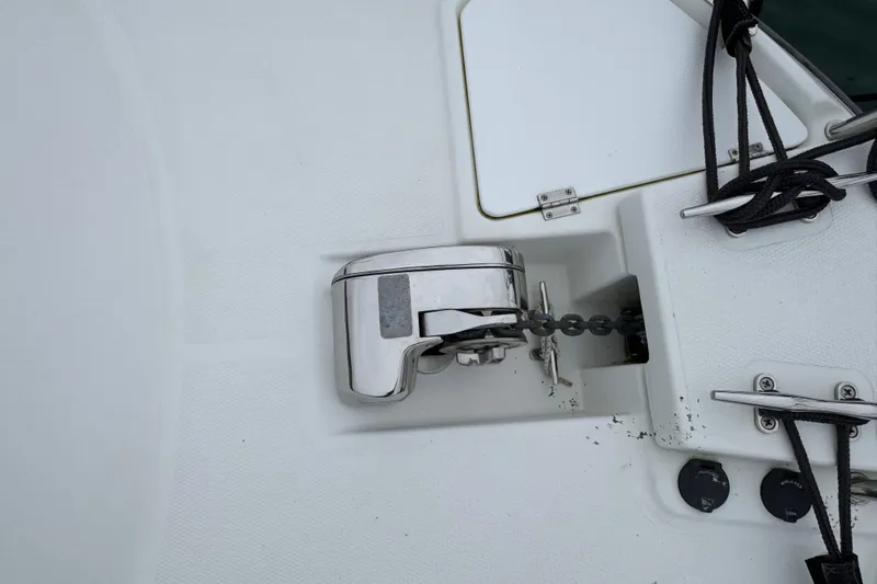  Yacht Photos Pics Anchor winch on 2014 Cutwater 28 boat deck with ropes and cleats.