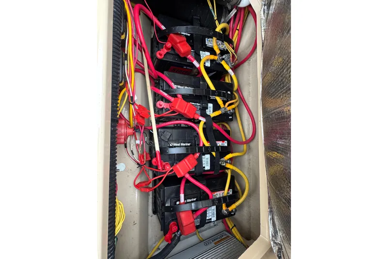  Yacht Photos Pics Battery compartment of a 2014 Cutwater 28 boat with wiring connections.