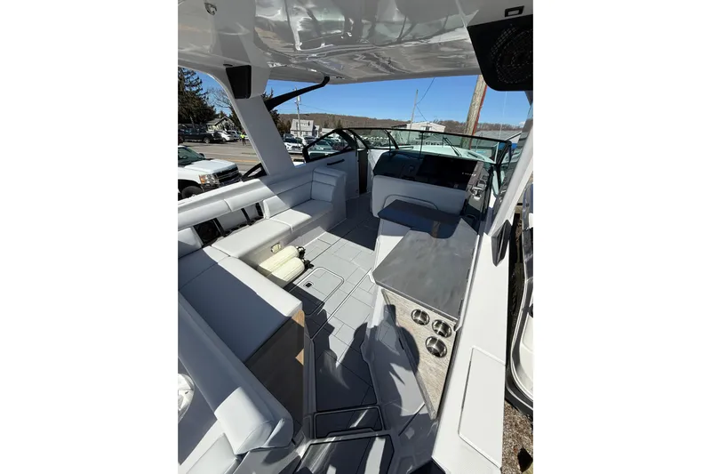 Andiamo Yacht Photos Pics Luxurious interior of 2023 Aviara AV32 I/O boat with sleek seating and modern design.