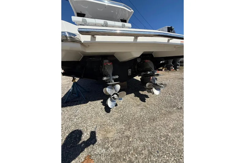 Andiamo Yacht Photos Pics 2023 Aviara AV32 I/O boat with dual propellers on display.