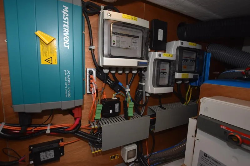  Yacht Photos Pics Electrical panel and components inside a 2023 Beneteau Swift Trawler 41 Fly yacht.