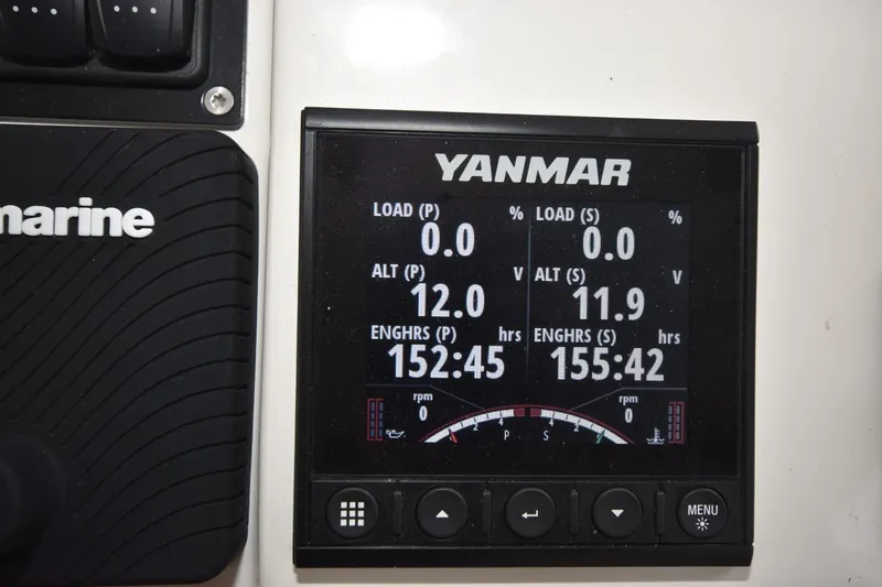  Yacht Photos Pics Yanmar engine display on 2023 Beneteau Swift Trawler 41 Fly, showing load and engine hours.