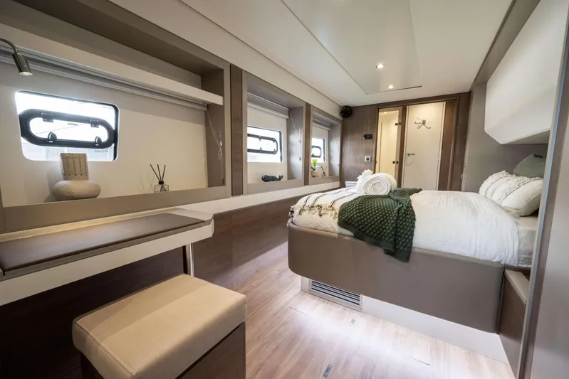 High 5 Yacht Photos Pics Luxurious interior of 2024 Bali 5.4 yacht with modern bedroom design.