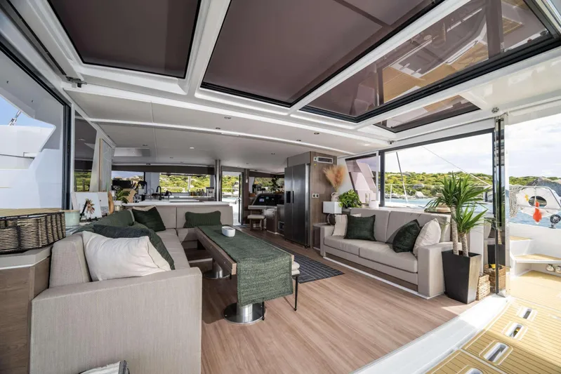 High 5 Yacht Photos Pics Luxurious interior of 2024 Bali 5.4 yacht with modern furnishings and panoramic views.