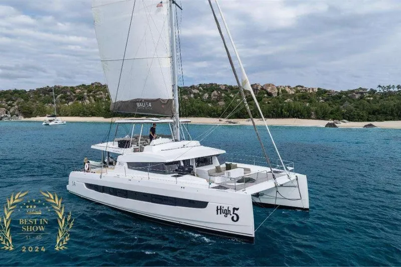 High 5 Yacht Photos Pics 2024 Bali 5.4 catamaran sailing near tropical island, awarded "Best in Show" 2024.