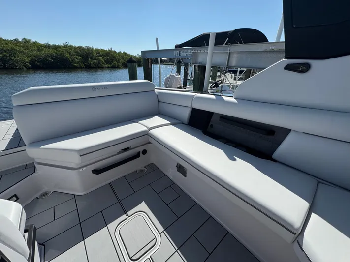  Yacht Photos Pics Interior of 2025 Aviara 28 Surf with luxurious seating.