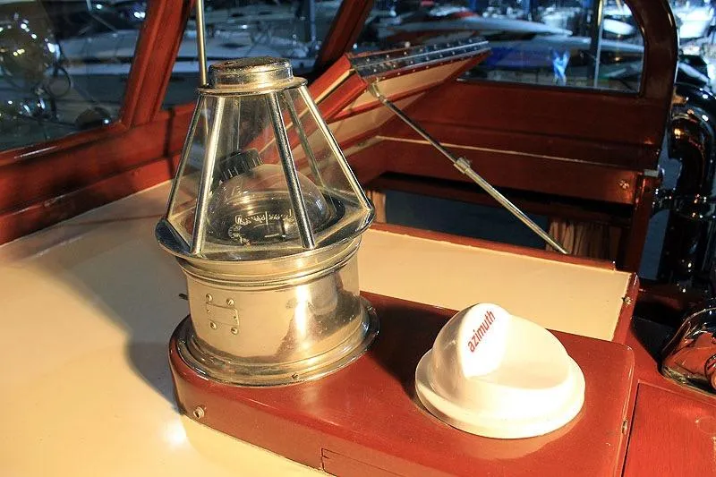 Allez Yacht Photos Pics 1930 Chris-Craft Commuter boat interior with vintage compass and azimuth dome.