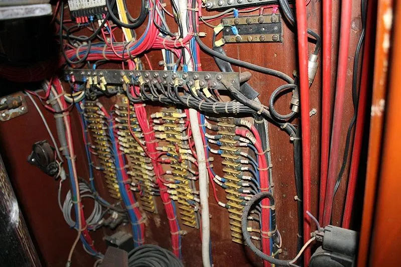 Allez Yacht Photos Pics 1930 Chris-Craft Commuter boat wiring panel with colorful cables and connectors.