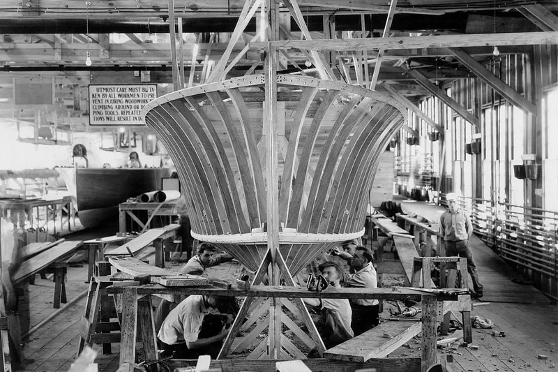 Allez Yacht Photos Pics 1930 Chris-Craft Commuter boat under construction in a wooden workshop.