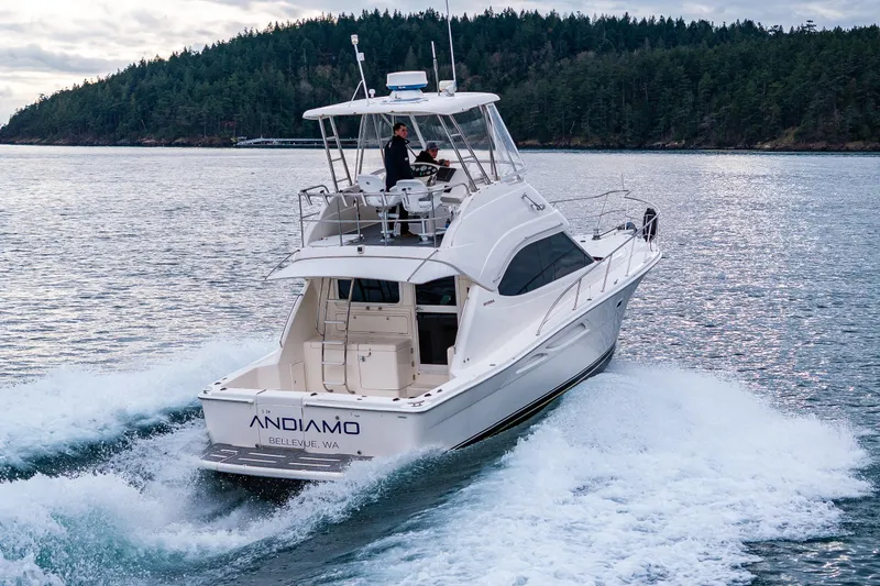  Yacht Photos Pics 2004 Riviera 37 Flybridge yacht cruising on water near forested shoreline.