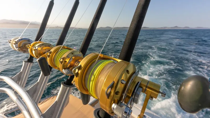  Yacht Photos Pics Fishing rods on a 2005 Riviera 47 Convertible Series II yacht, ocean backdrop.