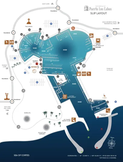  Yacht Photos Pics Map of Puerto Los Cabos marina slip layout, Sea of Cortes, featuring Riviera 47 Convertible Series II.