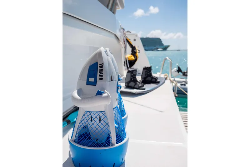 Southern Queen Yacht Photos Pics Yamaha water sports gear on Bali 5.4 boat, 2022 model, docked by the sea.