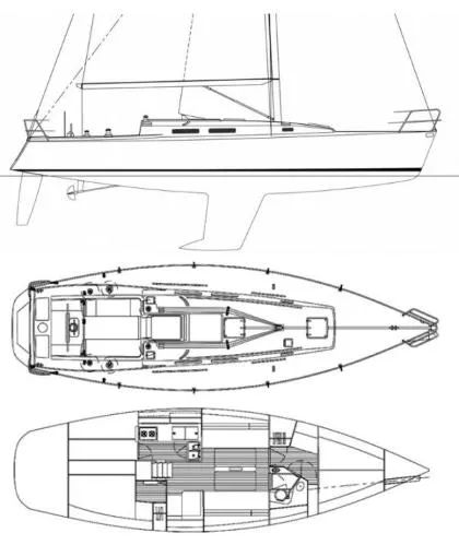  Yacht Photos Pics Sailboat blueprint of 1996 J Boats J/120, showing side, deck, and interior views.