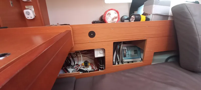 Pelican Yacht Photos Pics Interior view of a 2020 Dufour 460 Grand Large yacht showing storage compartments and equipment.