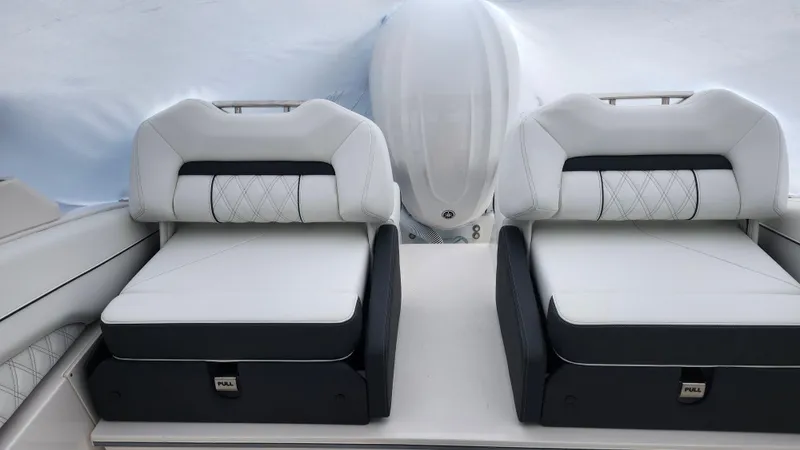  Yacht Photos Pics 2025 Regal LX6 boat interior with luxurious white seating and modern design.