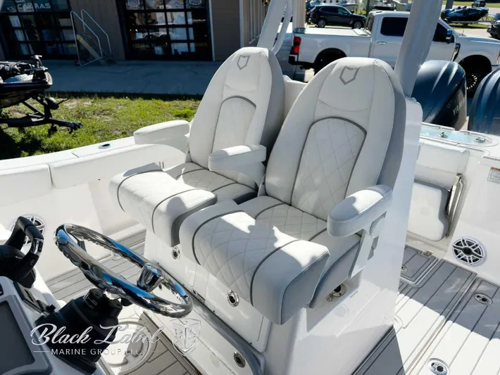 Your Next Boat! Yacht Photos Pics Luxury seating on 2025 Sea Fox 288 Commander boat, featuring plush, diamond-stitched upholstery.