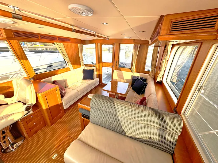 Phoenix Yacht Photos Pics Luxurious interior of 2014 Grand Banks 46 Eastbay FB yacht with elegant seating and wood finishes.