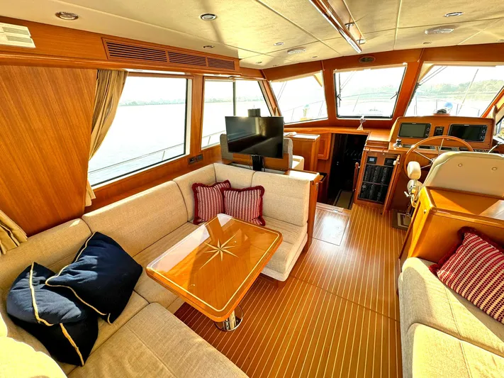 Phoenix Yacht Photos Pics Luxurious interior of 2014 Grand Banks 46 Eastbay FB yacht with elegant seating and helm.