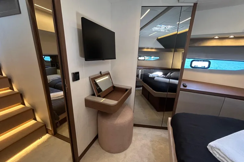  Yacht Photos Pics Luxurious interior of 2022 Prestige X60 yacht with modern furnishings and elegant design.