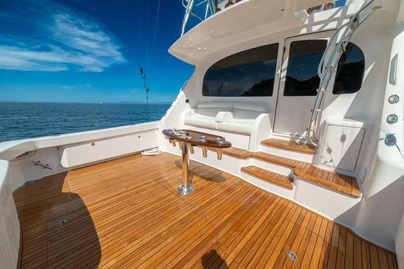 Game On Yacht Photos Pics Luxurious 2025 Viking 58 Convertible yacht deck with wooden flooring and ocean view.