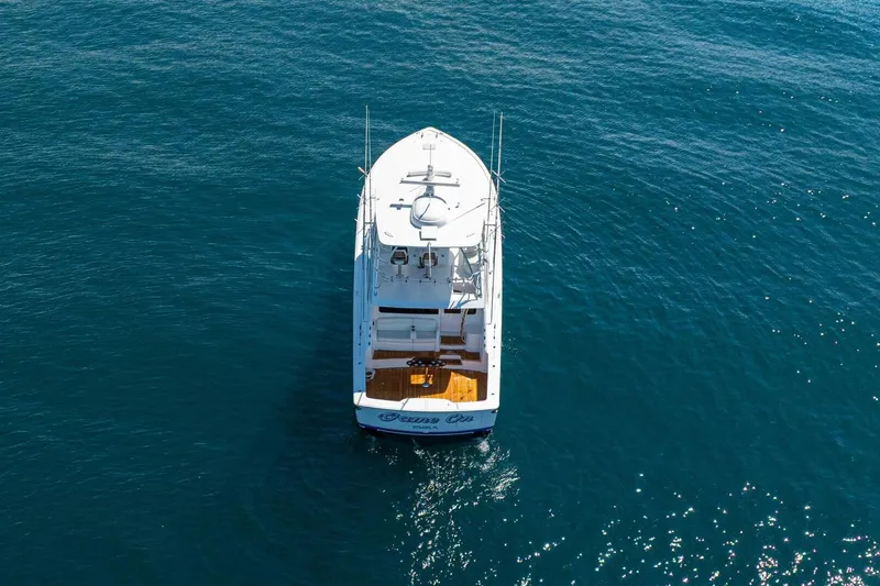 Game On Yacht Photos Pics Aerial view of 2025 Viking 58 Convertible yacht on open water.