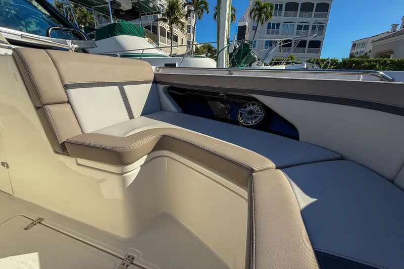  Yacht Photos Pics Interior of 2025 Boston Whaler 330 Vantage with beige upholstery.