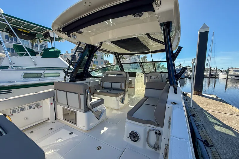  Yacht Photos Pics Interior of 2025 Boston Whaler 330 Vantage at the marina.