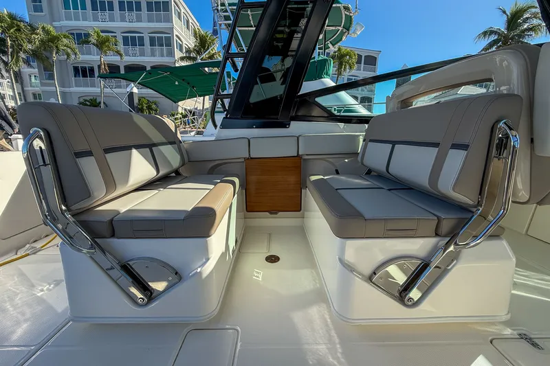  Yacht Photos Pics Interior of 2025 Boston Whaler 330 Vantage with luxurious seating.