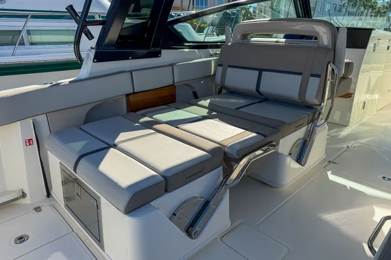  Yacht Photos Pics Interior of 2025 Boston Whaler 330 Vantage with luxurious seating.