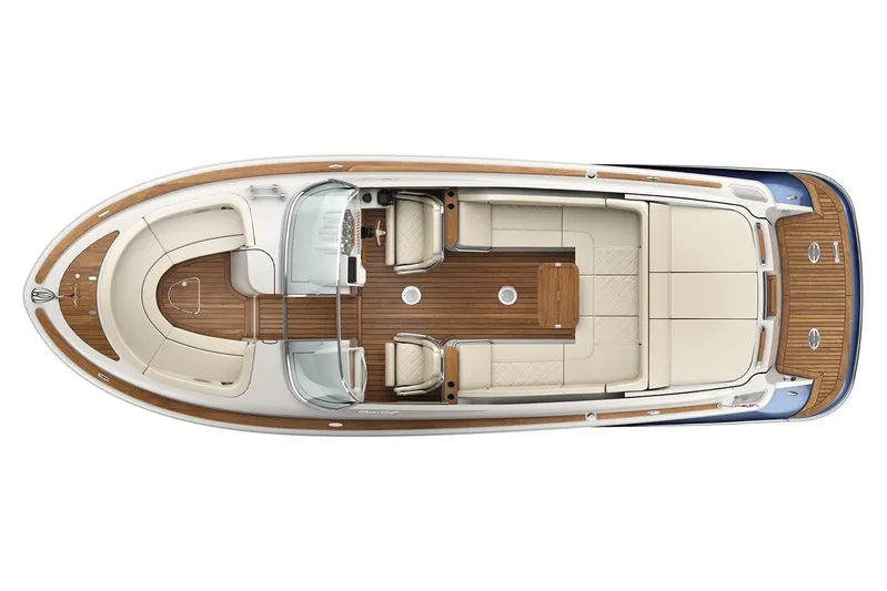 Snippy Yacht Photos Pics Manufacturer Provided Image: 2019 Chris-Craft Launch 30 boat, top view, luxurious seating, and wooden deck.