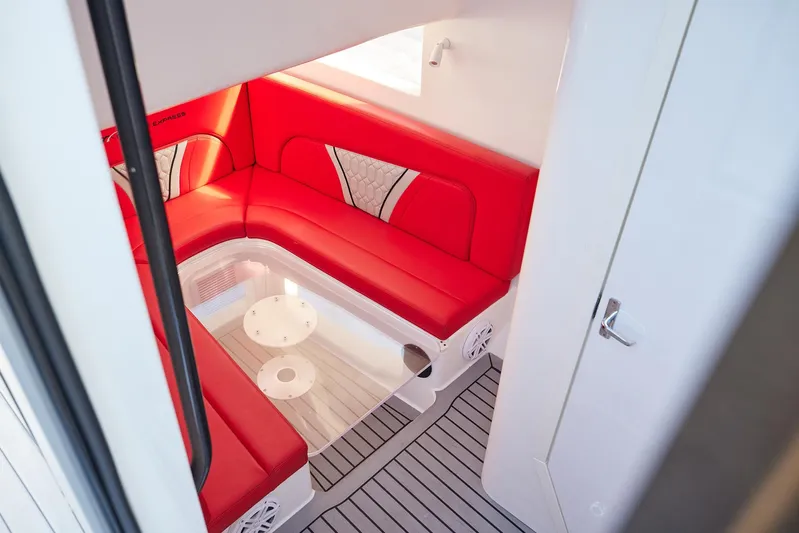  Yacht Photos Pics Interior of 2017 Midnight Express 43' Open boat with red seating and modern design.