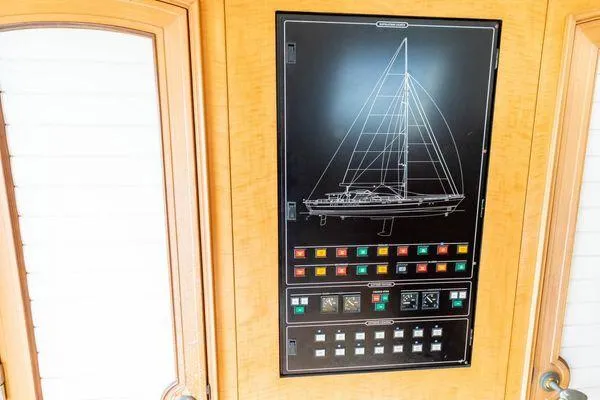  Yacht Photos Pics Control panel on Pendennis 155 yacht, featuring sailboat diagram and switches, 2004 model.