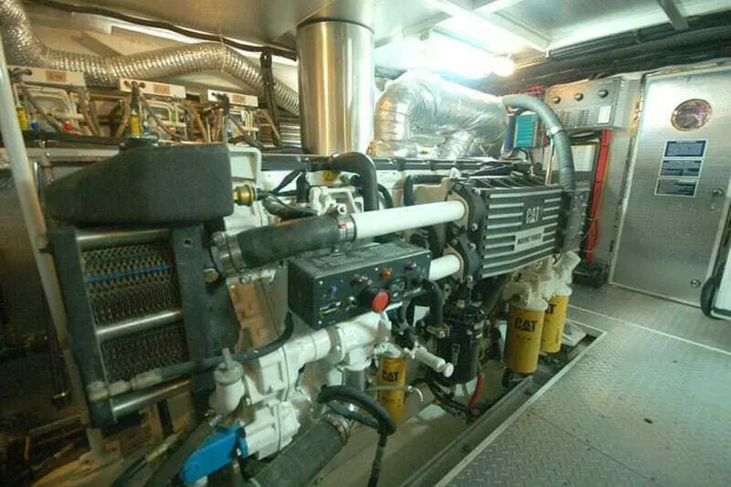 Always Something Yacht Photos Pics Engine room of 2009 Grand Harbour 66 Motoryacht with CAT marine power engine.