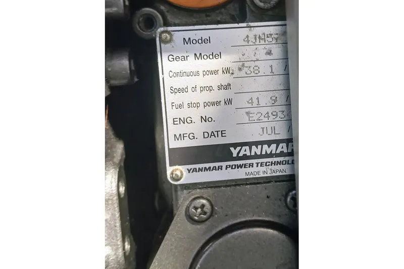 Jack Yacht Photos Pics Yanmar engine label on 2024 Lagoon 42, showing specifications and manufacturing details.
